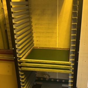 Used Vastex screen rack, mobile screen rack, screen printing rack, screen storage, Vastex equipment, galvanized steel rack, holds 24 screens, screen printing supplies, screen drying rack, print shop storage, screen rack on wheels, QLD used equipment, screen printing gear, workshop organization, used Vastex gear